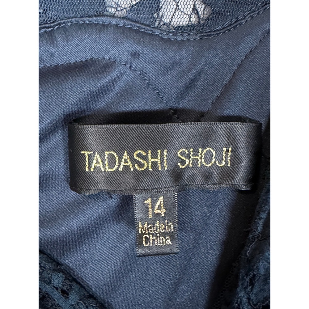 Tadashi Shoji Lace Sheath Dress 14 Navy Blue Formal Wedding Guest - Picture 4 of 11